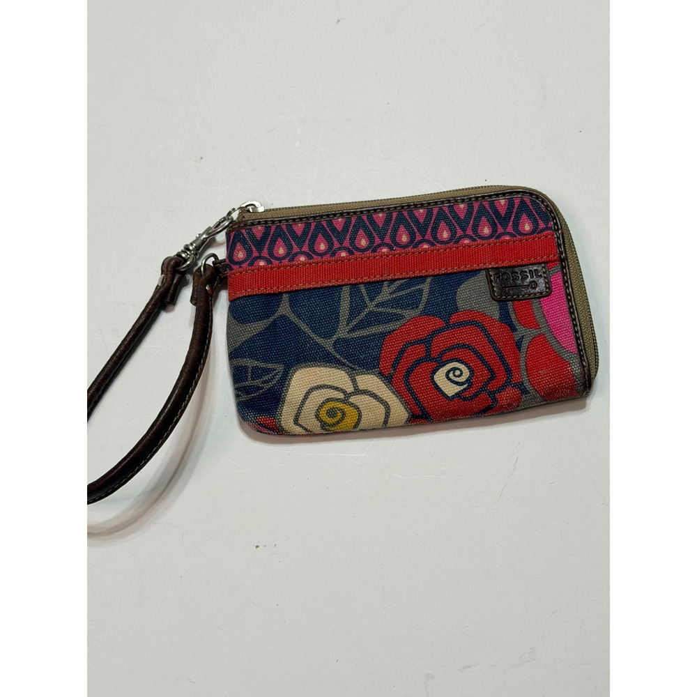 Fossil Key-Per Floral Canvas Zip Around Wristlet Wallet Blue Red Pink